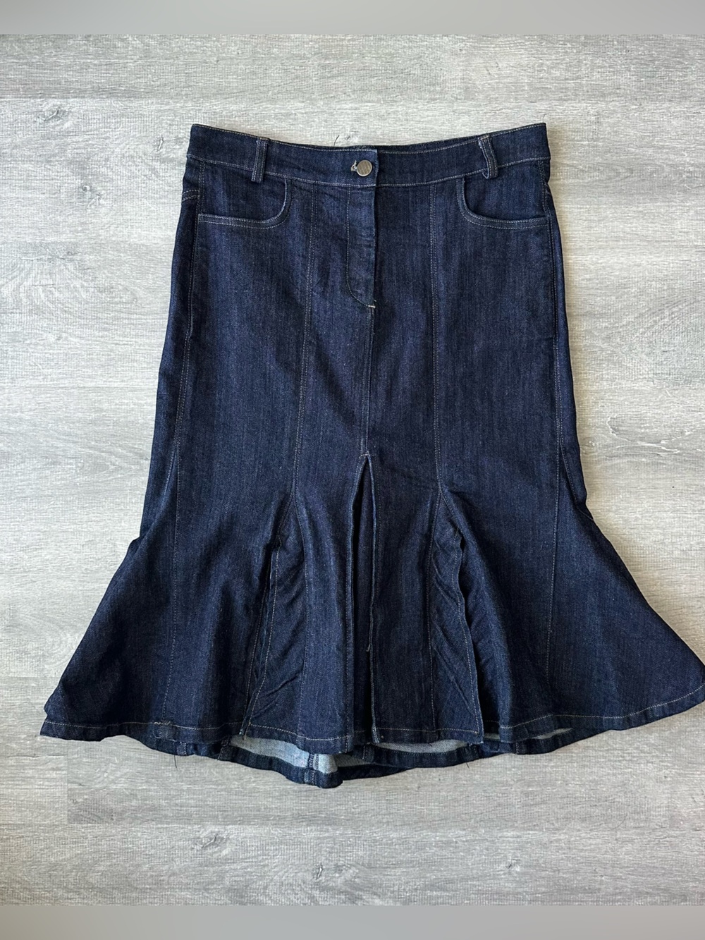 Isabel De Pedro Vintage Y2K Dark Wash Denim Midi Skirt Spanish Designer